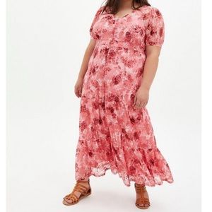 TORRID Pink Floral Lace Button Front Puff Sleeve Maxi Dress NWT
